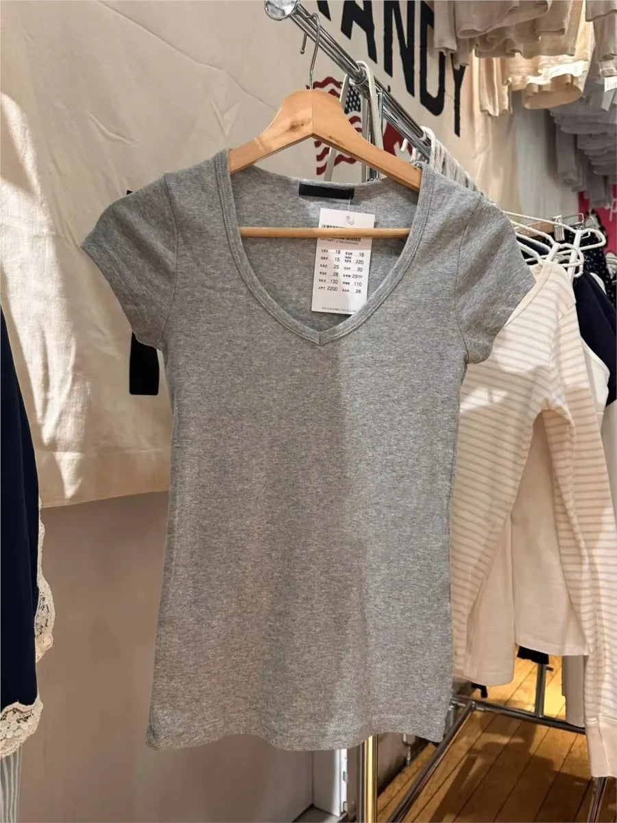 Sweet Gray Lace Trim V-neck Short Sleeve Tee Women New Cotton Casual Simple Slim Tops Clothes Vintage Basic Preppy Style T-shirt