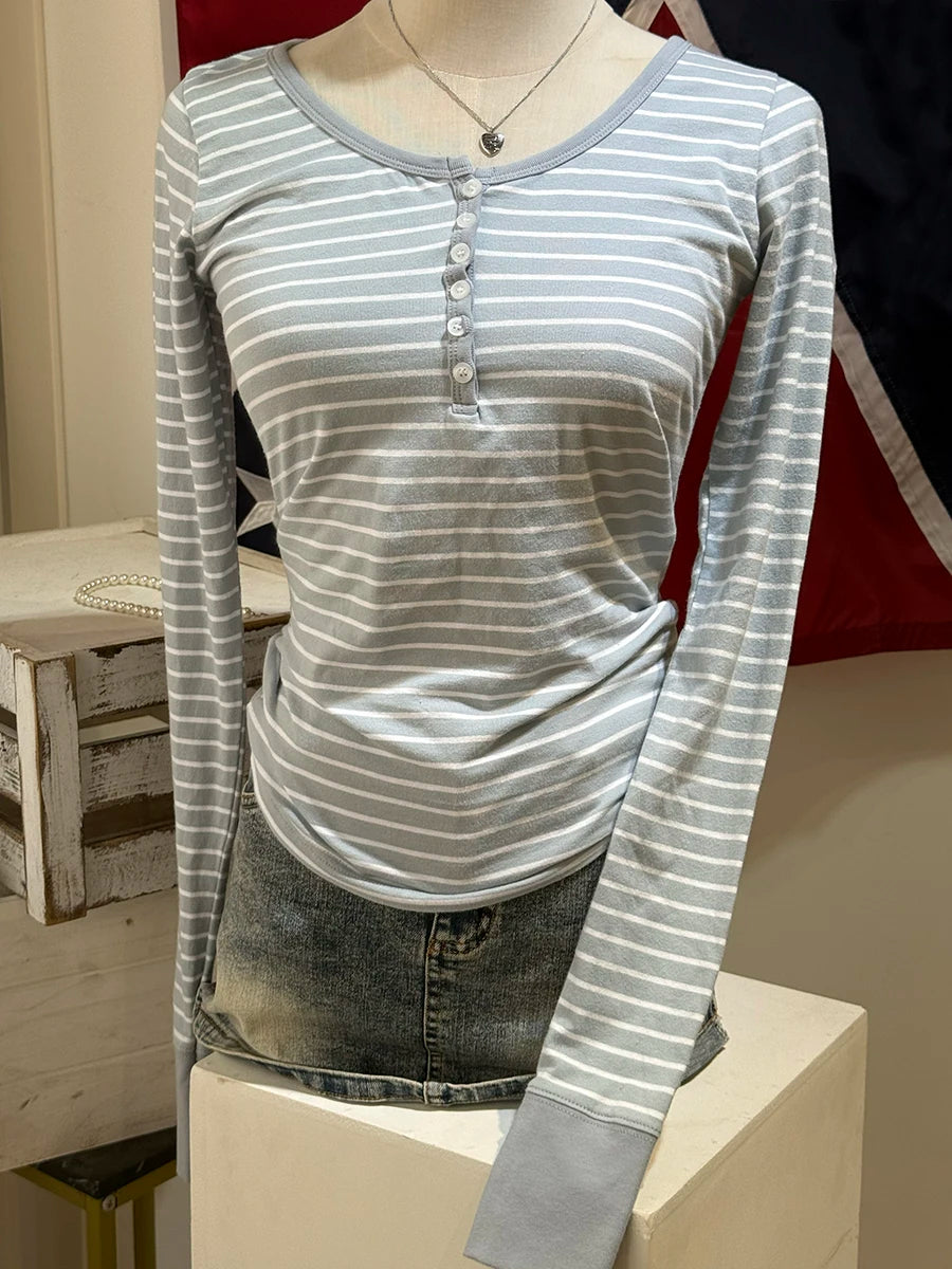 Sweet Pink Gray Striped Long Sleeve Tees Women Autumn Cute Cotton Buttons Slim T Shirt Tops Shoujo Clothes Simple Basic T-shirts