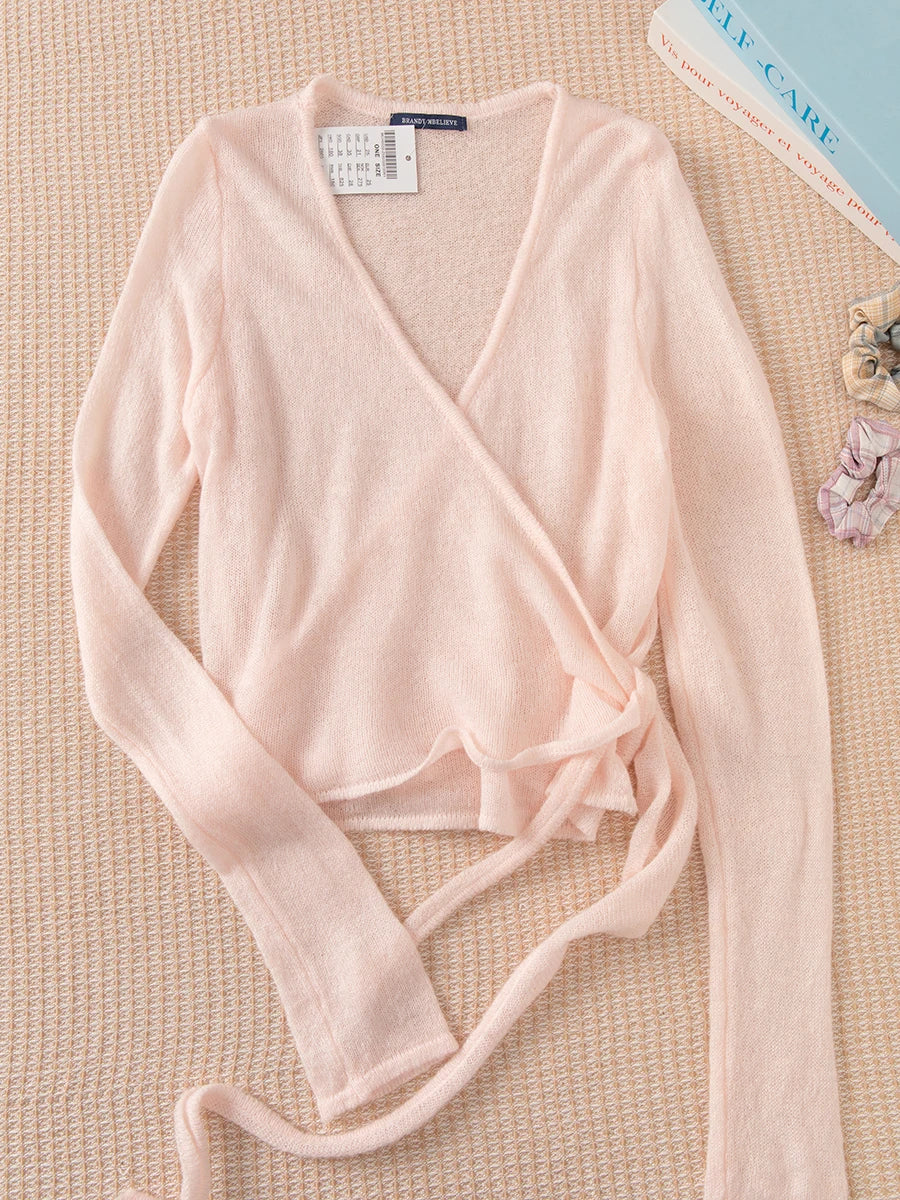 Blue Lace-up Knitted Mohair Sweater Cardigan Women Solid V-neck Cute Long Sleeve Sweaters Sweet Vintage Knitwear Y2K Crop Tops