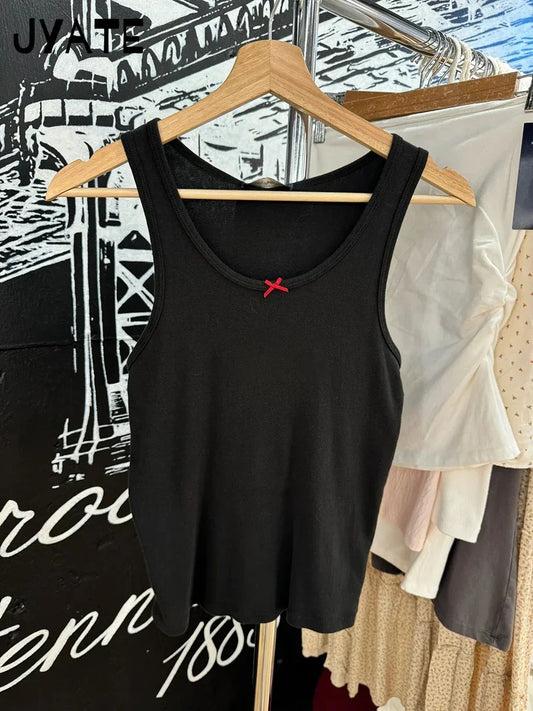 Simple Black U Collar Sleeveless Vest Women New Cute Red Bow Preppy Style Basic Camisole Femme Vintage Chic Casual Tank Tops Y2K
