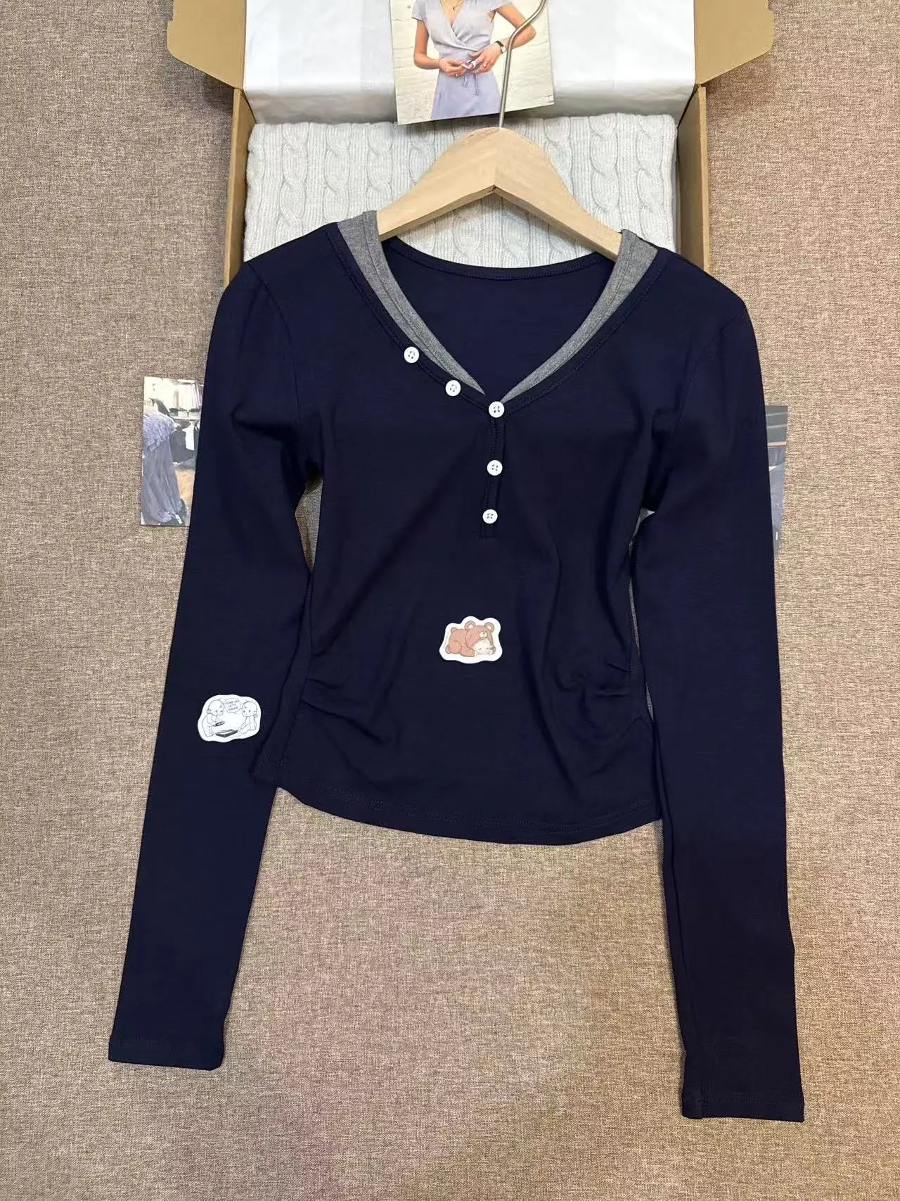 Navy Buttons V-neck T-shirts Women Autumn New Casual Cotton Slim Patchwork Long Sleeve Tees Fashion Chic Vintage Tshirt Y2K Tops