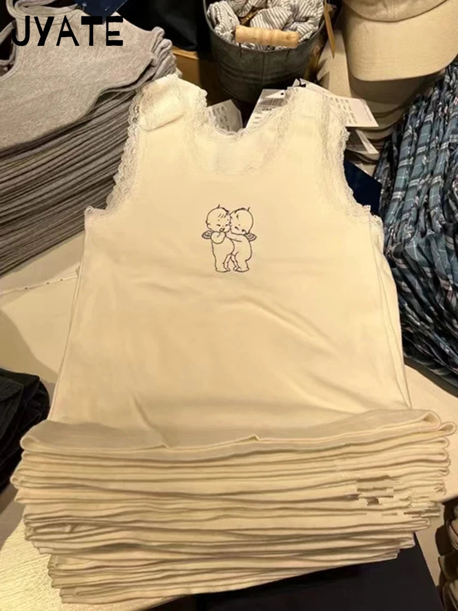 Cute Cartoon Print Lace Trim Vests Women Summer White Cotton Soft O-neck Tank Tops Female Sweet Casual Vintage Chic Y2K Crop Top