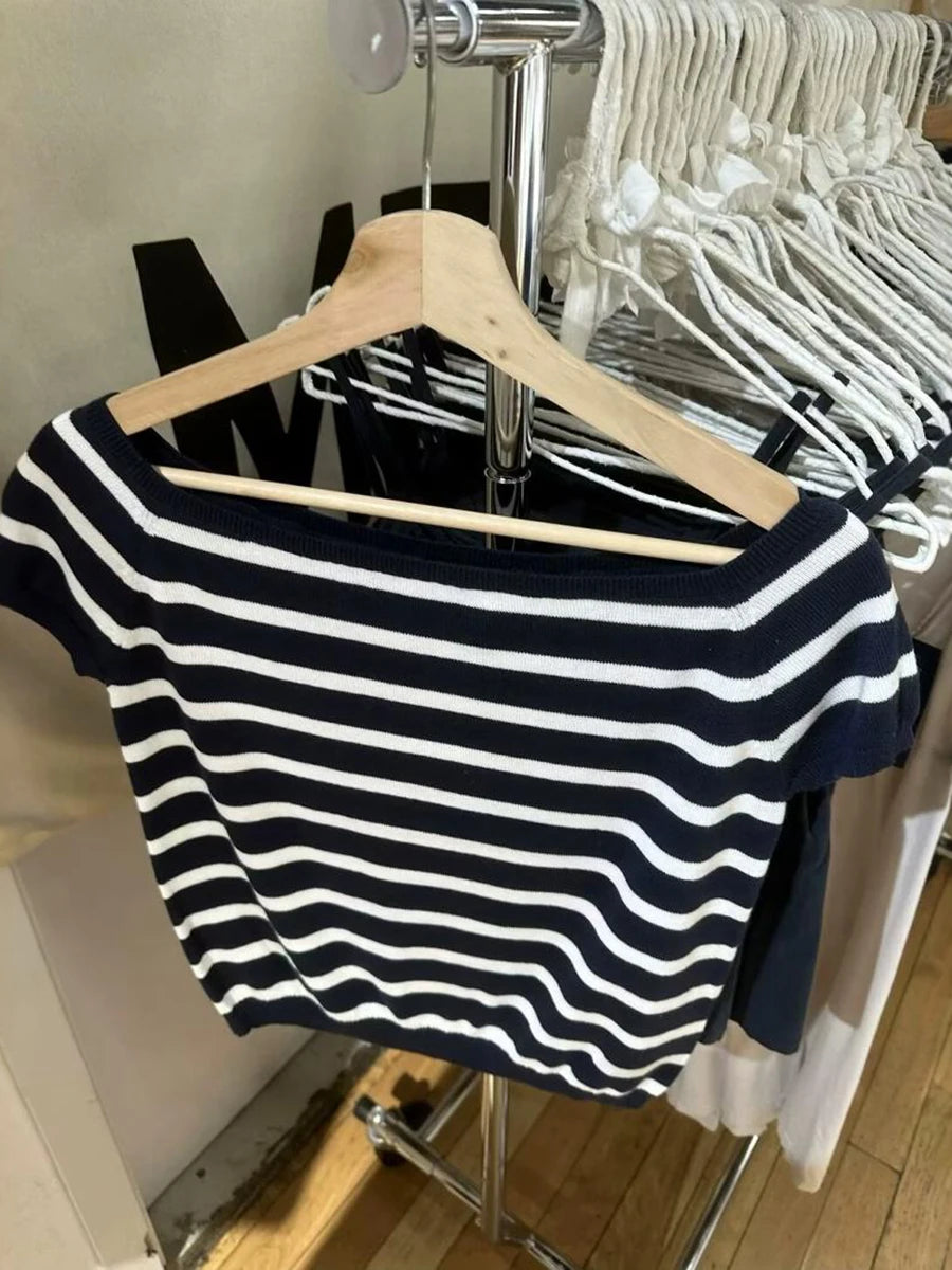 Square Neck Striped Knitted Crop Tops Women Summer Casual Slim Sweater Short Sleeve Tops Vintage Chic Preppy Style T-shirts Y2k