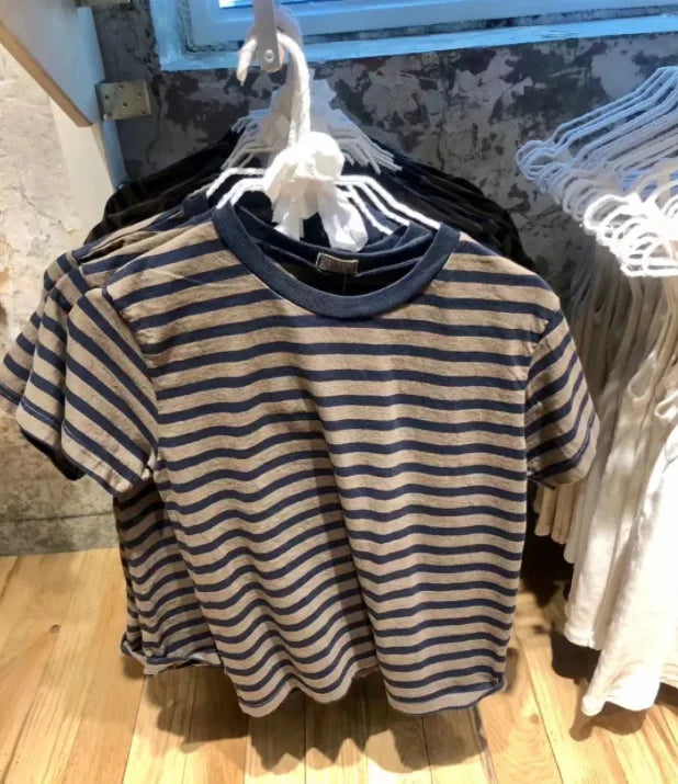 Sweet Pink Striped Slim T-shirt Women Spring Round Neck Cotton Short Sleeve Tee Shirts Female Cute Preppy Style Y2K T shirts New