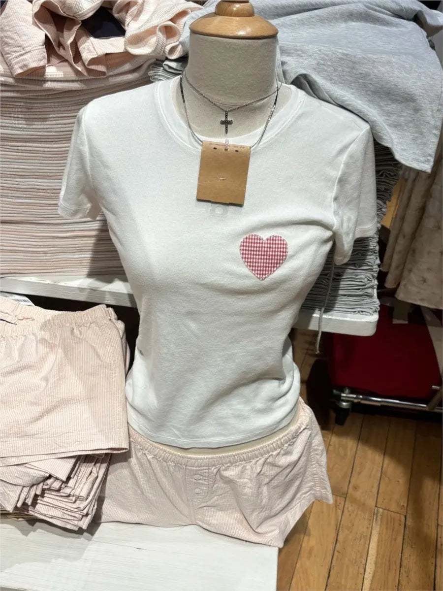 Sweet Plaid Heart Appliques T-shirt Women Summer Cotton O-neck Short Sleeve Tee Shirts Female Cute Preppy Style Tshirt Y2K Tops
