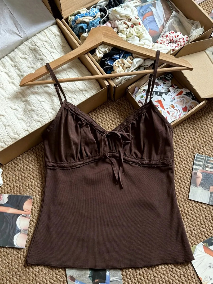 Solid Lace-up V-neck Tank Tops Women Summer Casual Lace Trim Cotton Slim Sleeveless Vests Cute Sweet Preppy Style Camisole Y2K