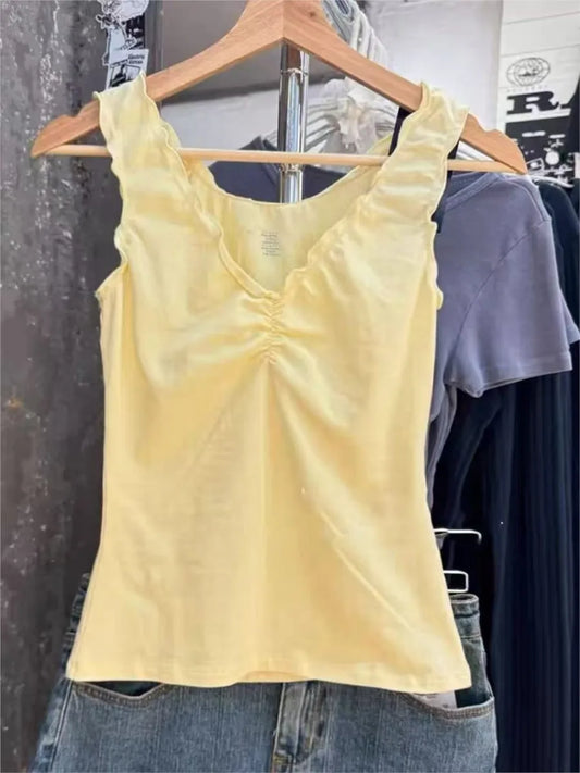 Button Yellow Fungus Trim Slim Tank Tops Women Summer Sleeveless Sexy Bow V-neck Cotton Crop Top Femme Simple Sweet Cute Vests