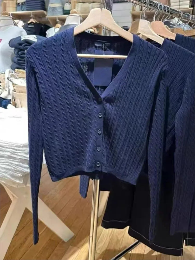 Vintage Navy Twisted Flower Knit Cardigan Women Autumn Casual V-neck Single-breasted Slim Crop Tops Preppy Style Chic Sweaters