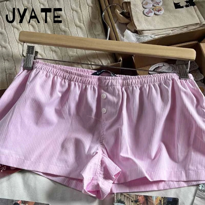 Sweet Pink Striped Button Short Pants Women Summer Cotton Loose Casual Elastic High Waist Home Underwear Cute Vintage Y2K Shorts