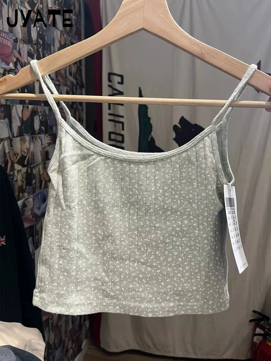 Fashion Floral Print Hollow Out Camisole Women New Green Cotton Ribbed Casual Slim Cropped Vest Sweet Vintage Chic Tank Tops Y2K