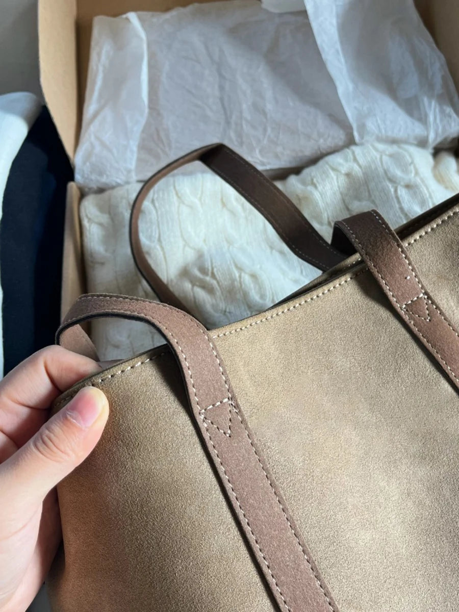 Vintage Brown Pu Tote Bag Four Season American Chic High Capacity Lady Shoulder Bags School Style High Street Fashion Handbags