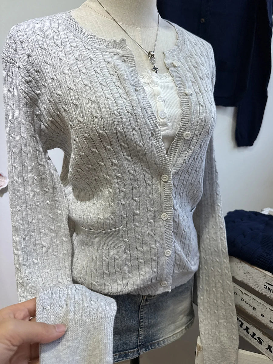Brown Twsit Cardigan Women Spring Simple Casual Cotton Slim Button Long Sleeve Sweater Vintage Chic Preppy Style Sweaters Y2K
