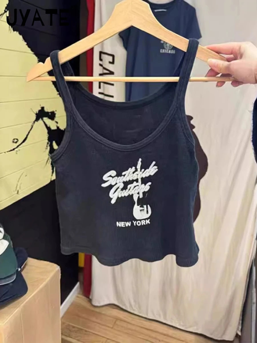 Harajuku Guitar Print Cotton Ribbed Tank Tops Women Casual Slim Classic Black U-neck Cropped Vests Vintage Chic Simple Camisole
