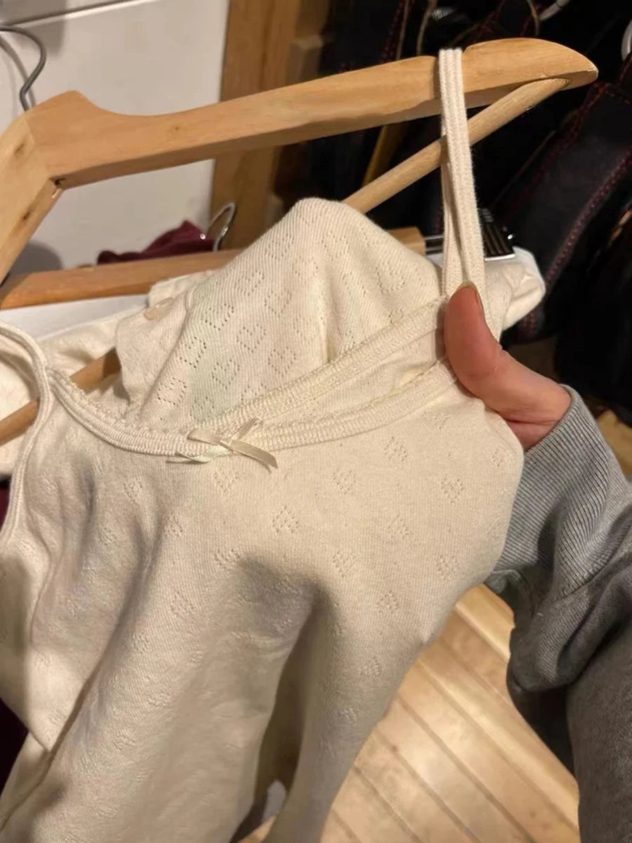 Beige Heart Hollow Out Bow Tank Tops Women Summer Cotton Slim Casual Street Sleeveless Vests Female Vintage Sweet Cute Y2K Camis