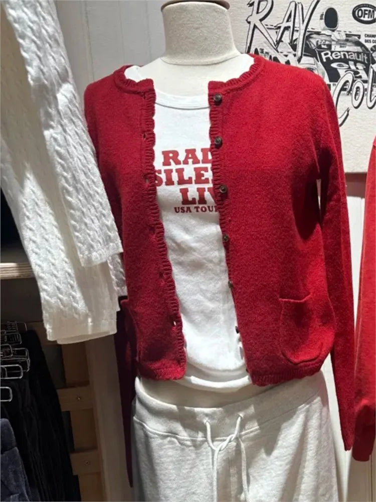 Christmas Red Pockets Slim Knitted Cardigan Woman O-Neck Long Sleeve Cotton Sweaters Sweet Preppy Style Knitwear Coat Tops