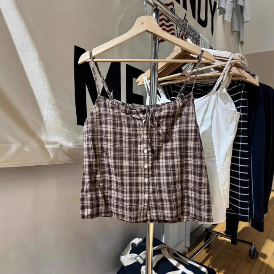 Retro Plaid 2 Piece Outfits Women Summer Casual Cotton Buttons Tank Tops+Drawstring Long Pants Sweet Cute Camisole Home Sets Y2K