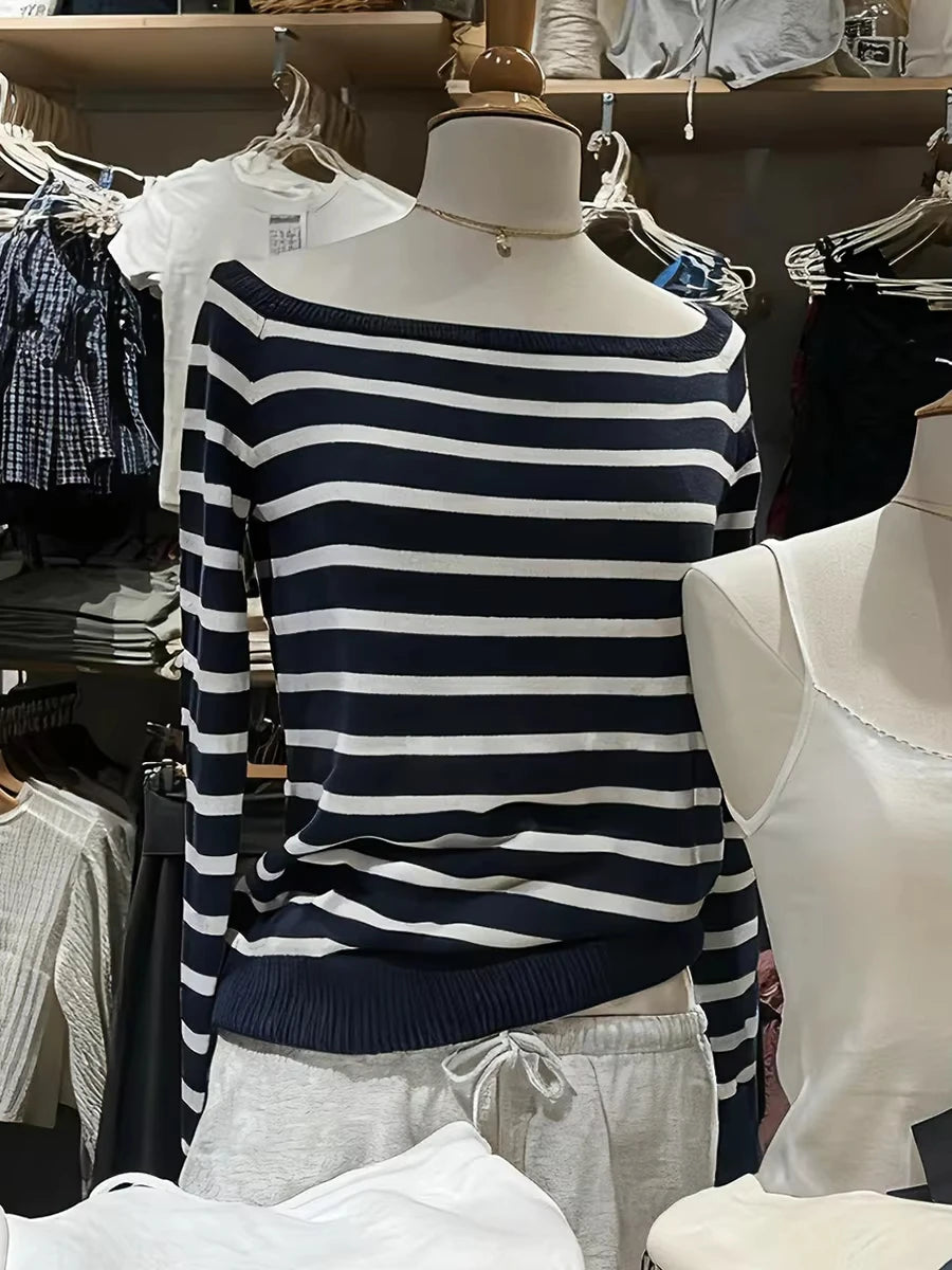 Red Striped Knit Sweater Women Autumn Streetwear Slash Neck Long Sleeve Pullovers Preppy Style New Sweet Casual Chic Jumpers Y2K
