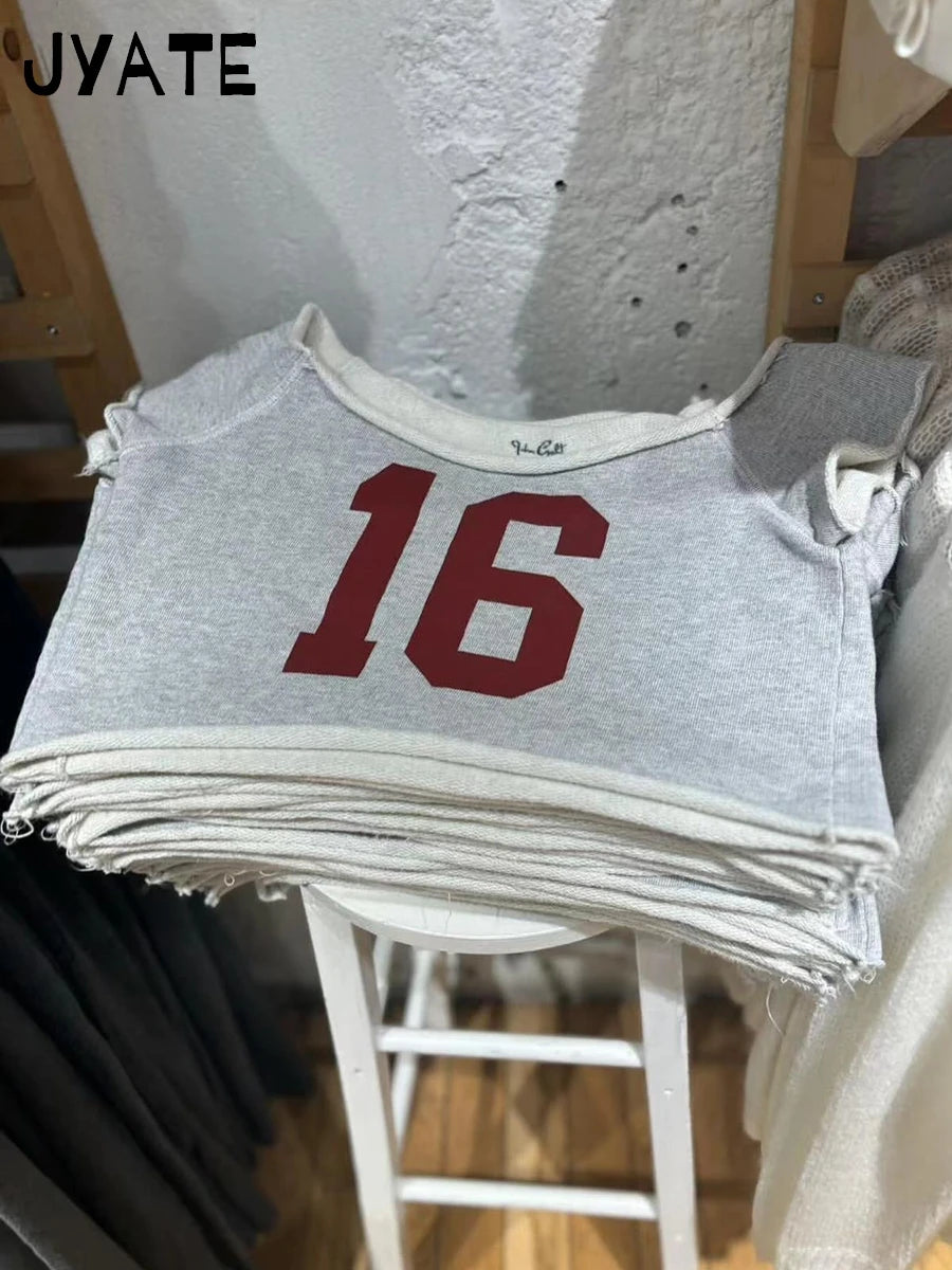 Fashion NO 16 Print Crop Tops Women Summer New Cotton Soft Raw Hem Slash Neck Short Sleeve Tees Sweet Preppy Style T-shirts Y2K