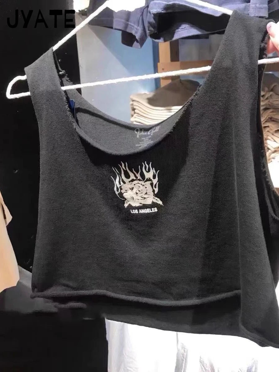 Harajuku Rose Print Raw Hem Crop Tops Women Summer New O-neck Cotton Soft Streetwear Cropped Vests American Casual Tank Tops Y2K