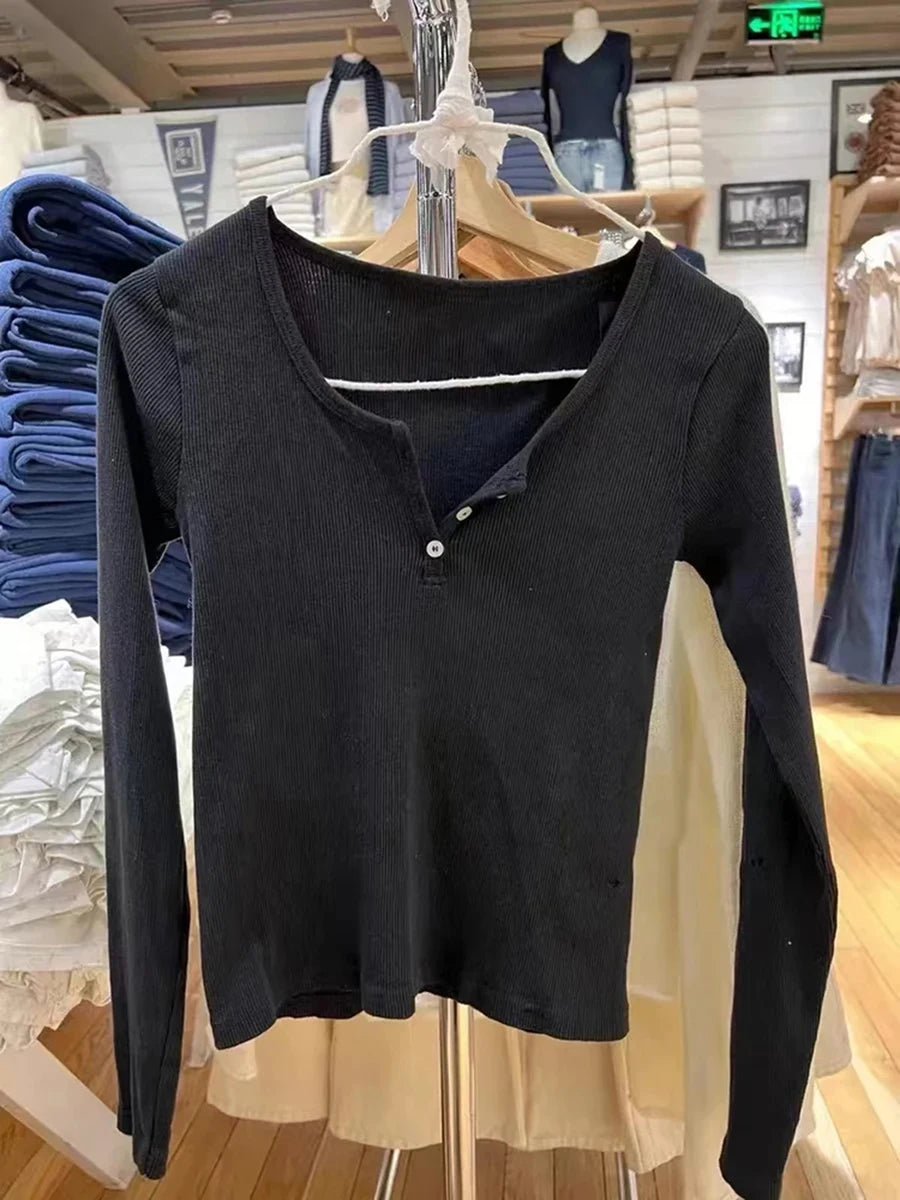 Sweet Solid Button Ribbed T-shirts Women Autumn Cotton Soft Elegant Long Sleeve Tees Female Chic Streetwear Basic Tops Clothes