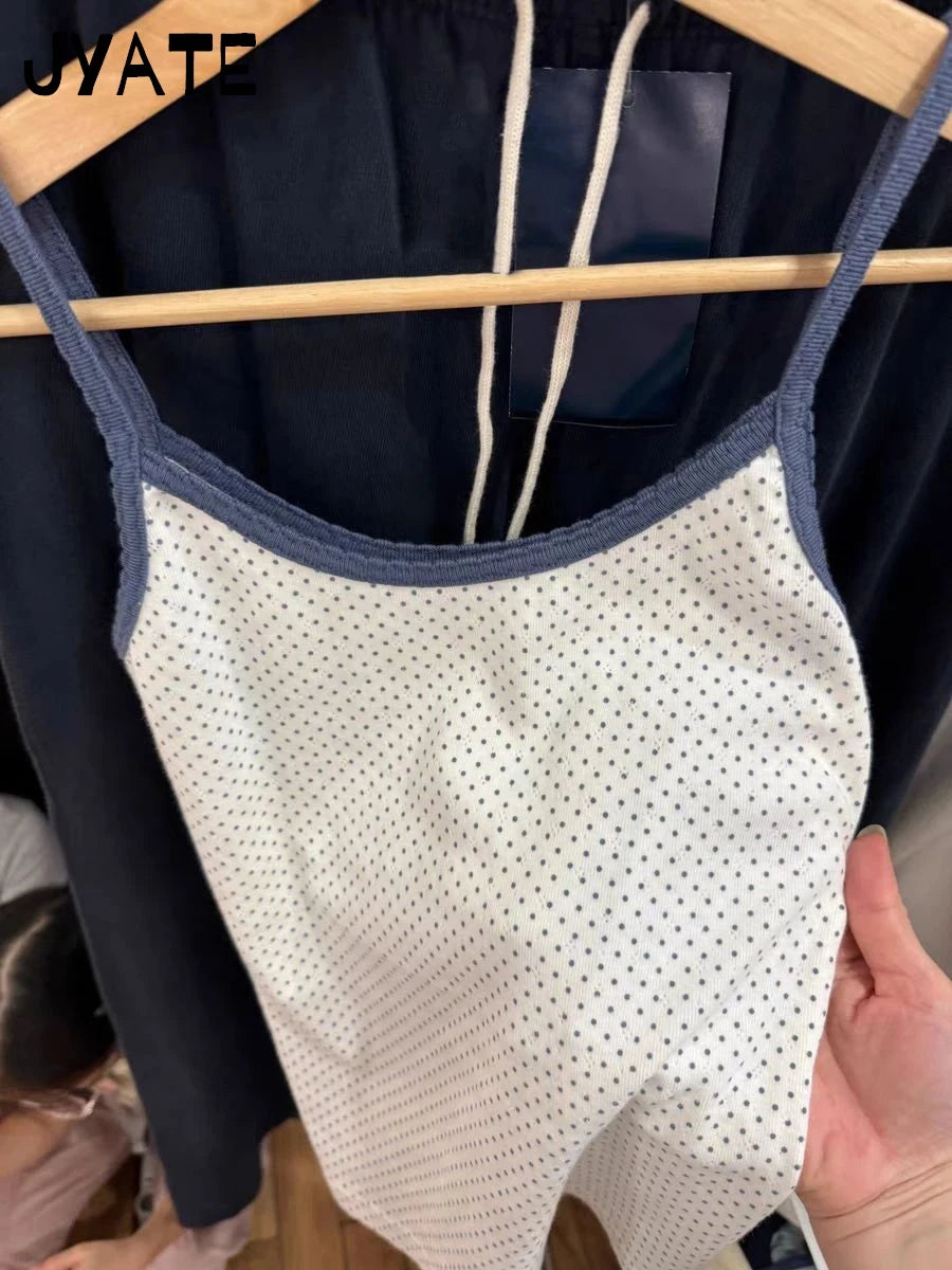 Blue Polka Dots Print Tank Tops Women New Casual Cotton Slim Patchwork Hollow Out Sleeveless Vests Vintage Sweet Cute Camis Y2K