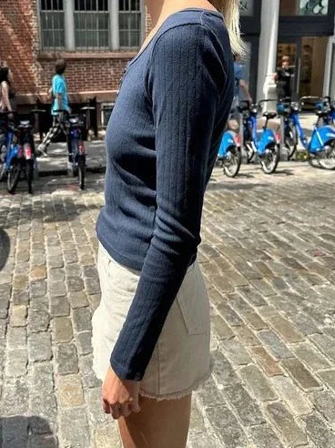Navy Eyelet Long Sleeve T-Shirt Autumn Three Buttons O-Neck Simple Slim Tee Top for Women Sweet Cute Basic Tshirt Y2k Tops New