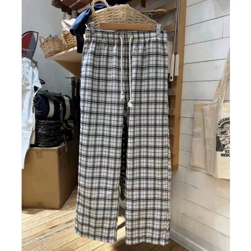 Retro Red Plaid Drawstring Straight Pants Women Autumn Cotton Casual Elastic High Waist Pant Vintage Loose Y2K Baggy Sweatpants