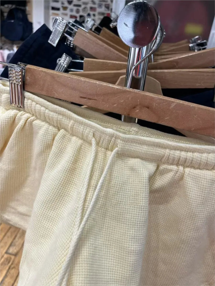 Yellow Square Neck T-shirt+Wafflw Short Pants Women Cotton Slim Tee Elastic Waist Straight Short Pant Sweet Cute Y2K Sets Suit