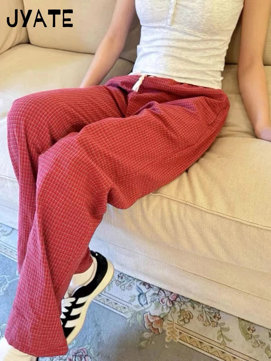 Fashion Blue Striped Drawstring Straight Sport Pants Women New Chic Elastic High Waist Long Pant Casual Sweet Loose Trousers Y2K