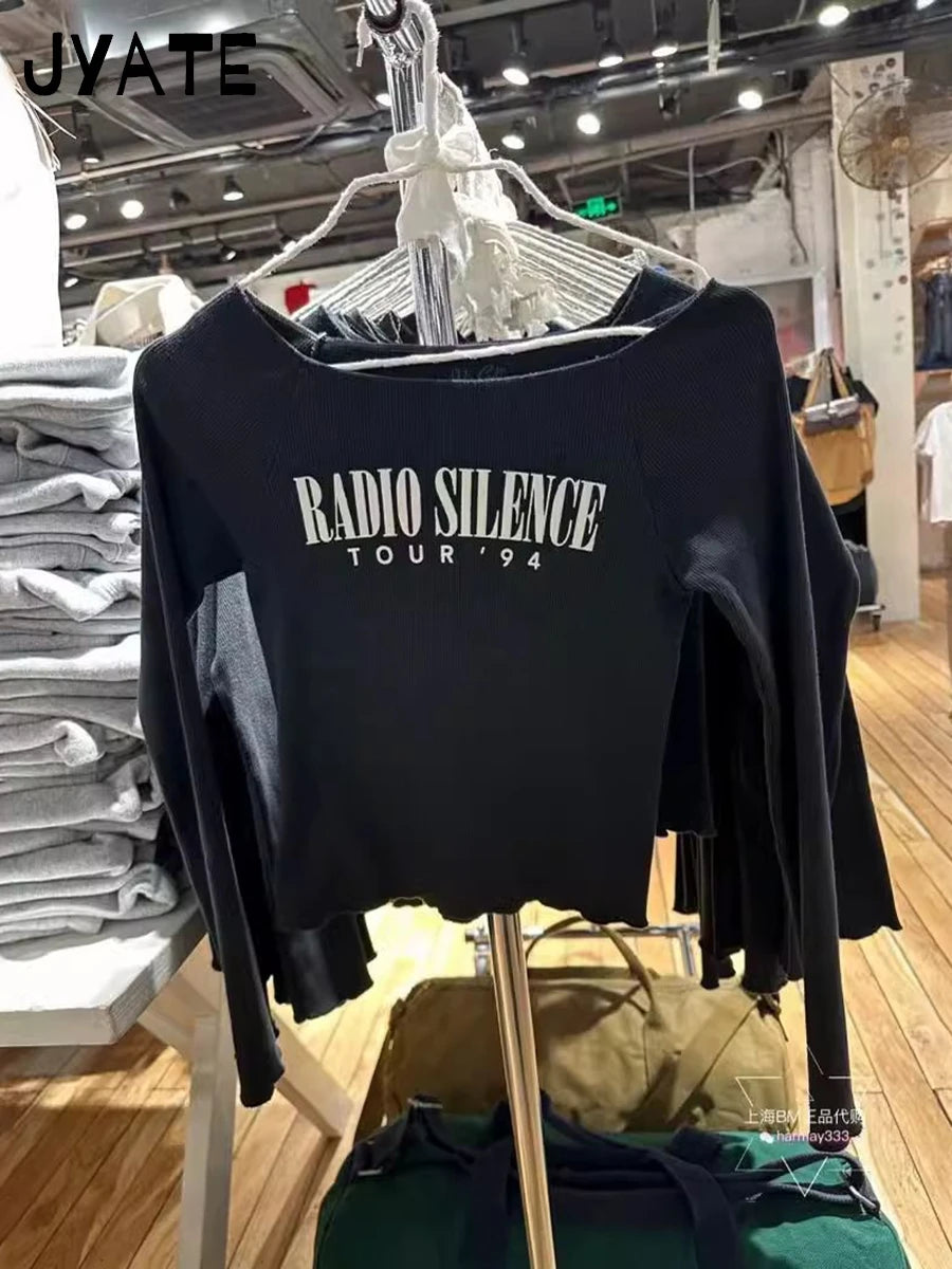 Letter Print Slash Neck Long Sleeve Tee Women Summer New Cotton Slim Sexy Raw Hem Casual Tops Vintage American Chic T-shirts Y2K