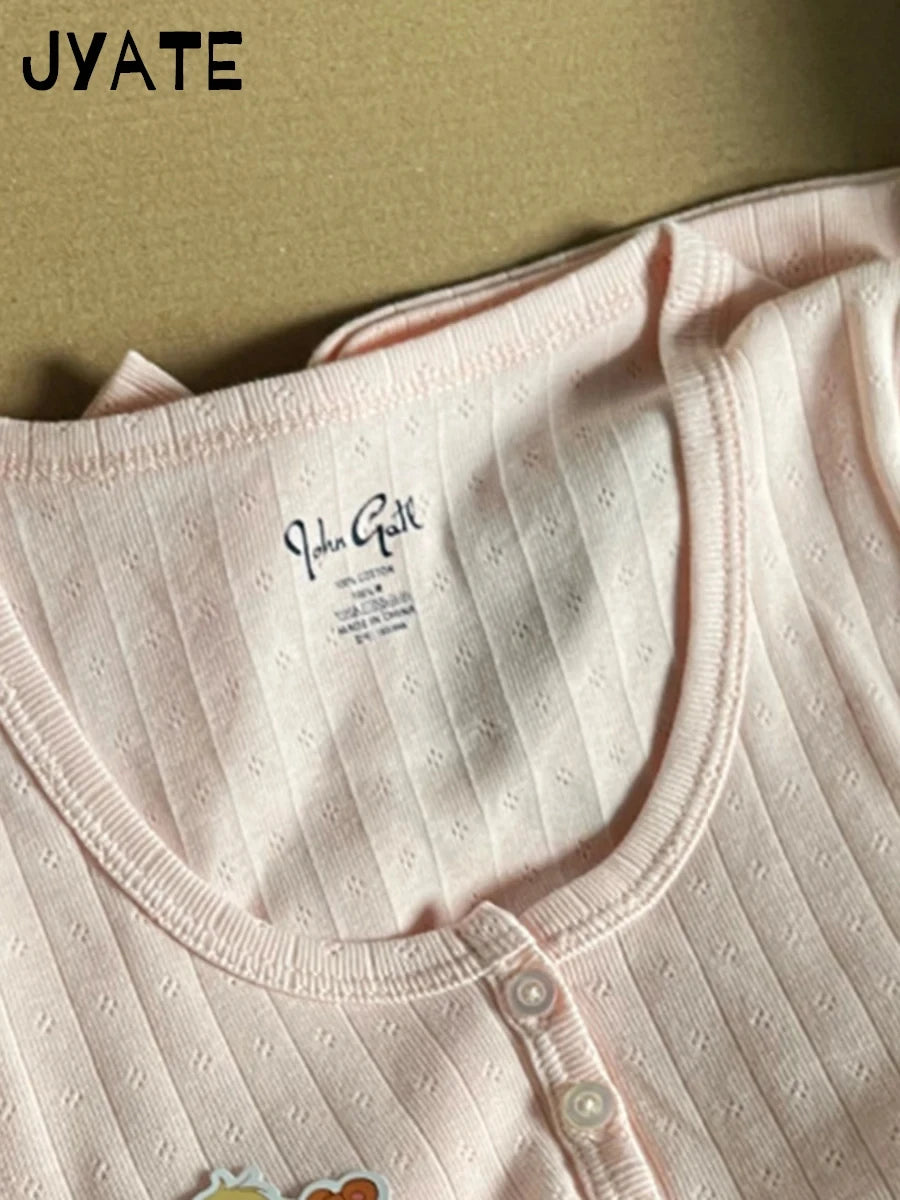 Sweet Pink Hollow Out Long Sleeve Tees Women Summer O-neck Buttons Cotton Slim Sexy Tops Female Cute Vintage Chic Y2K T-shirts