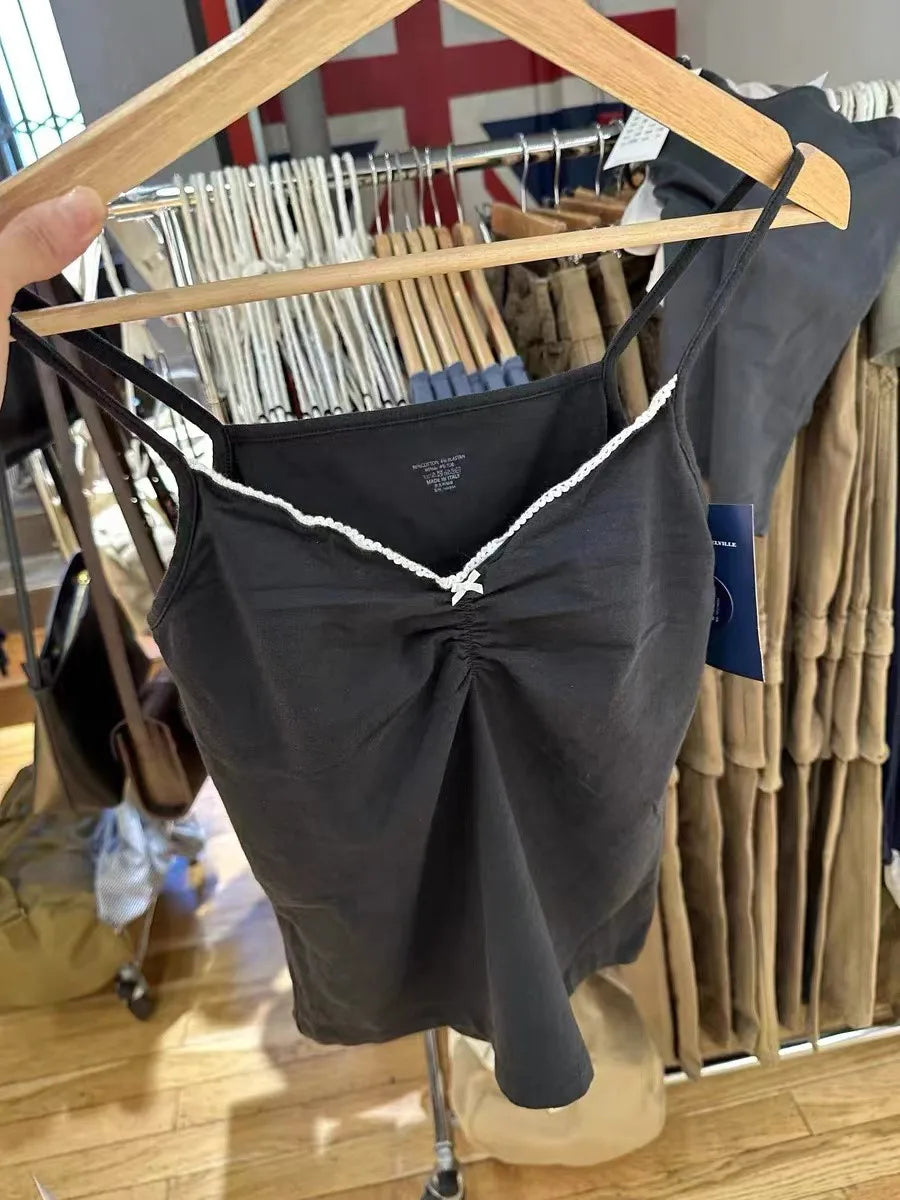Harajuku Folds V-neck Bow Black Tank Tops Women Summer Lace Trim Cotton Sleeveless Slim Cropped Camisole Vintage Sweet Crop Top