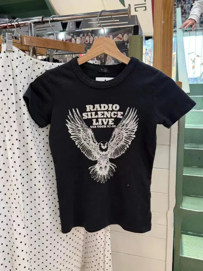 American Vintage Crop Top Women Streetwear Crew Neck Cotton Slim Short Sleeve T-shirts Fashion Black Eagle Print Tops Tees Y2k