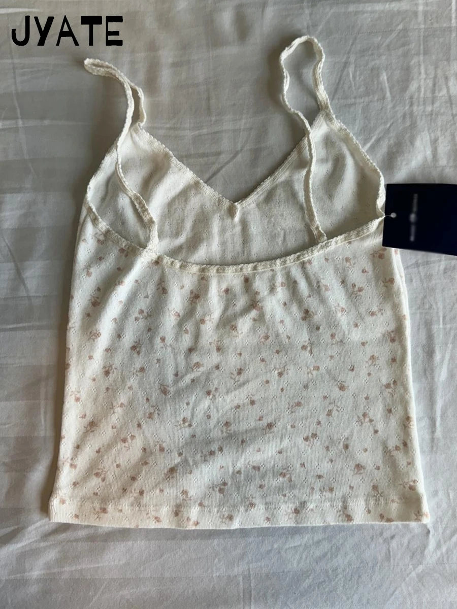 Floral Print V-neck Eyelet Slim Tank Tops Women Summer New Cotton Soft Sexy Casual Cropped Vests Sweet Cute Vintage Camisole Y2K