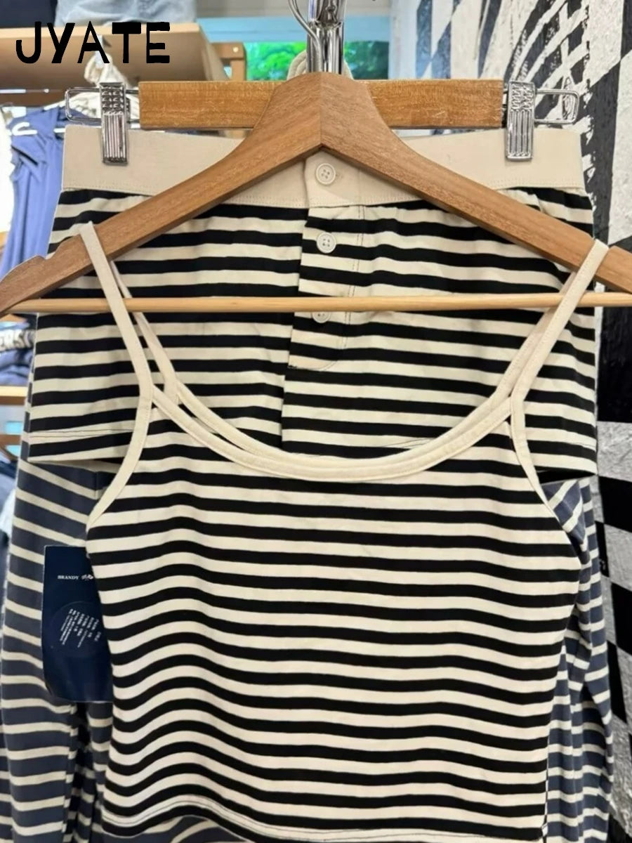 Classic Striped Graphic Cropped Camisole Women New Cotton Soft Slim Casual Simple Sleeveless Vests Vintage Chic Sweet Tank Tops