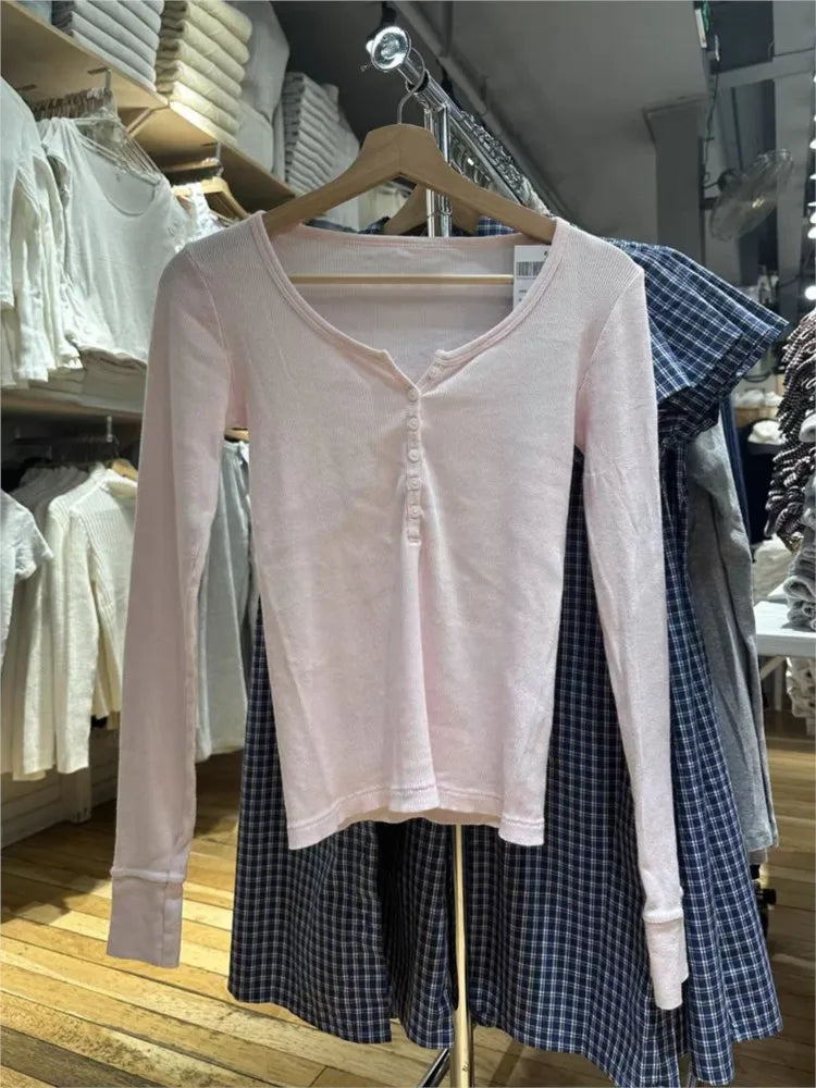 Sweet Pink Six Buttons Ribbed Long Sleeve T-shirts Women Spring Round Neck Cotton Slim Tee Top Female Cute Tshirt Y2k Tops New