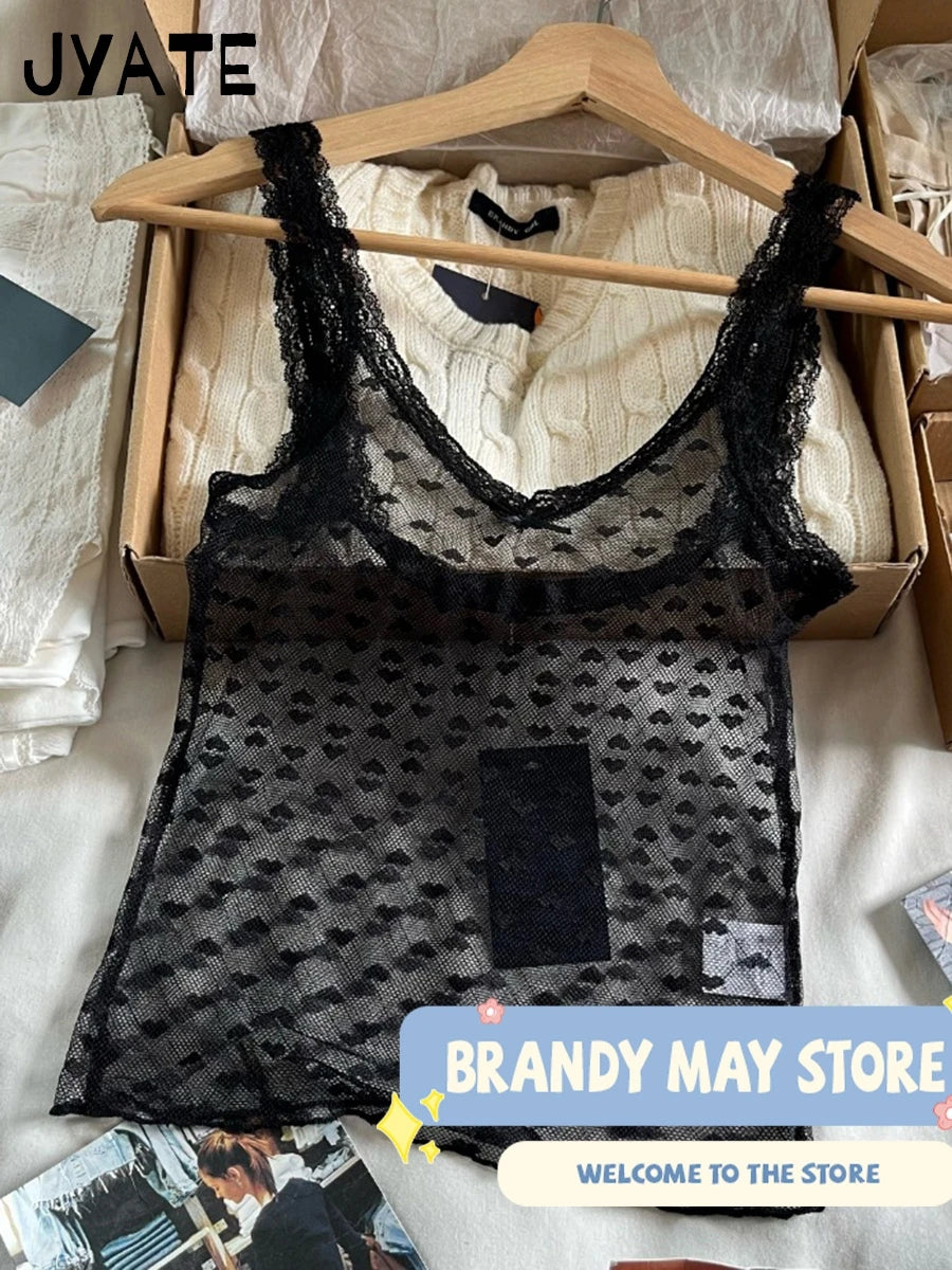 Hearts Mesh Thin Lace-up Tank Tops Women 2024 New Jacquard Transparent Sexy Slim V-neck Vests Vintage Sweet Bow Chic Camis Y2K