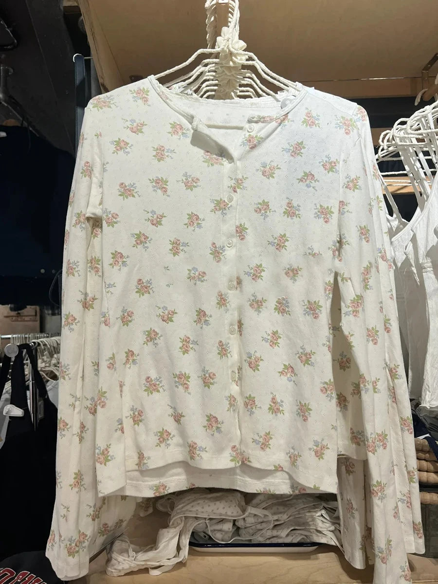 Eyelet Floral Print Slim T-shirt Women Preppy Style O-neck Single Breasted Cotton Long Sleeve Tee Shirts Cute Vintage Sweet Tops