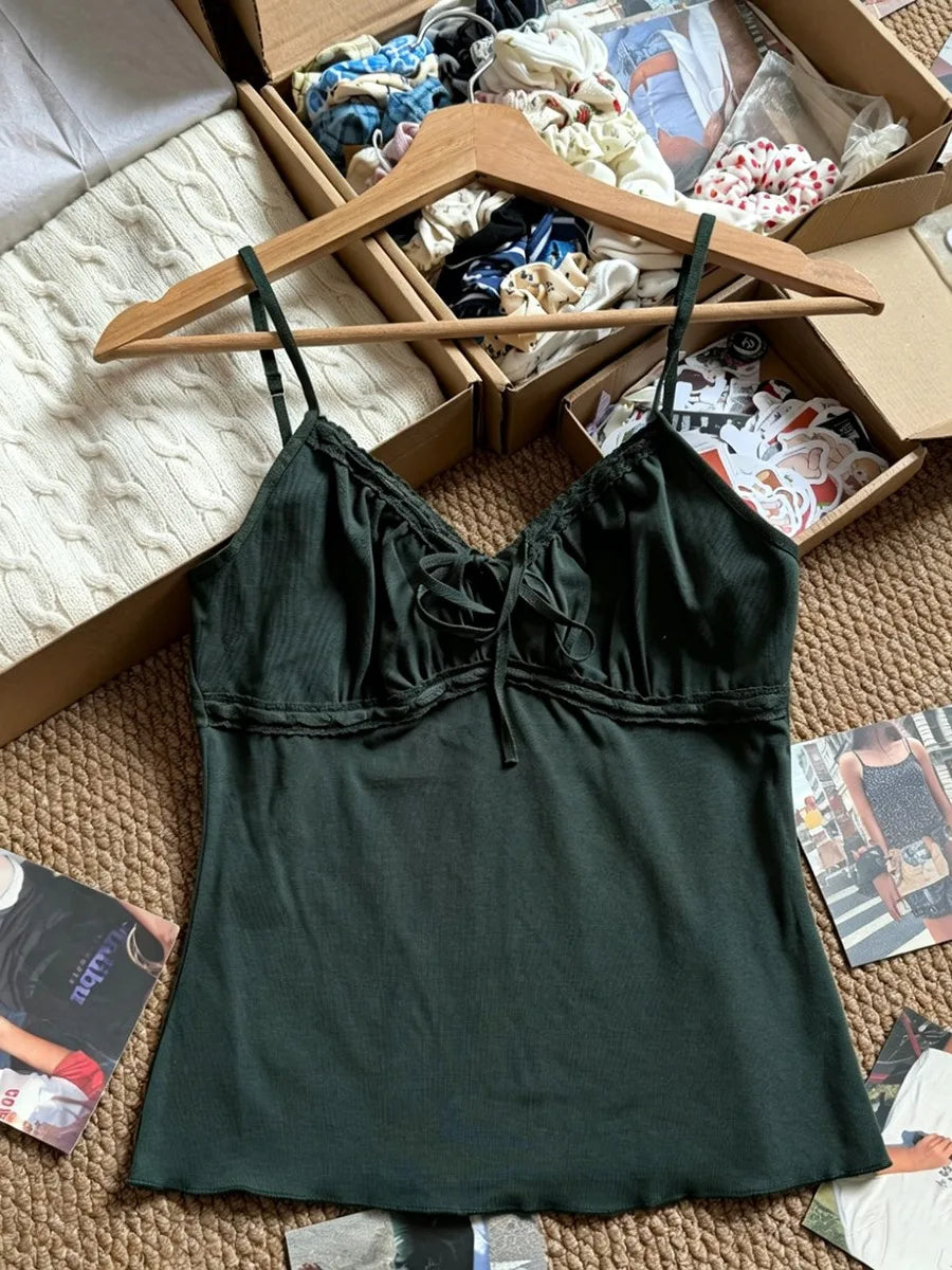 Solid Lace-up V-neck Tank Tops Women Summer Casual Lace Trim Cotton Slim Sleeveless Vests Cute Sweet Preppy Style Camisole Y2K