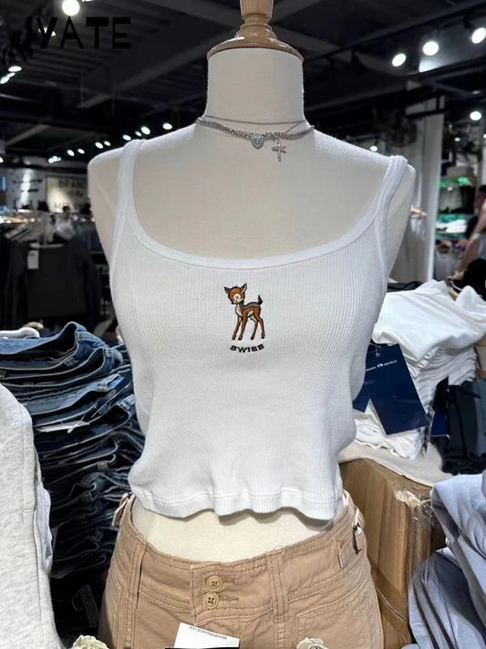 Little Deer Embroidery White Camis Women Ribbed Cotton U-neck Simple Sleeveless Cropped Vests Vintage Sweet Chic Tank Tops Y2K