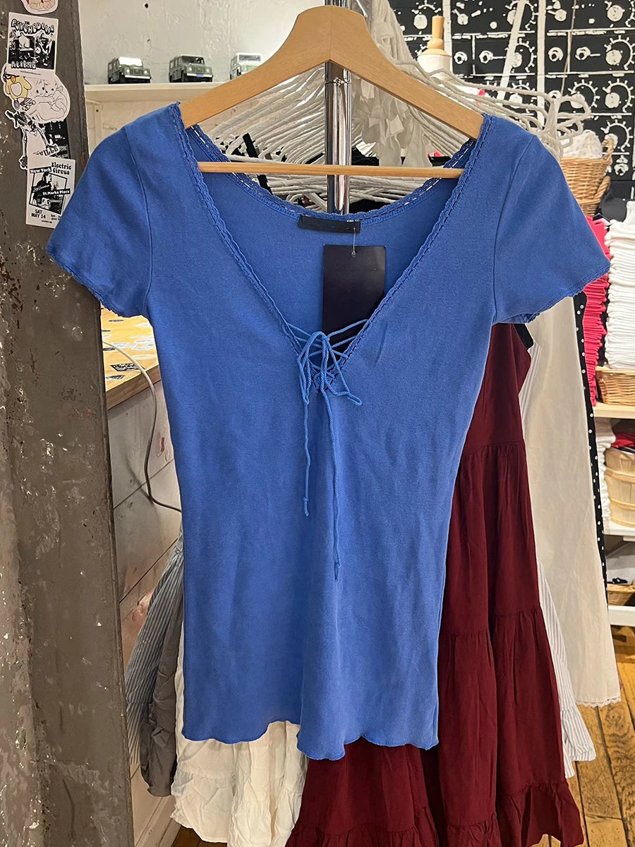 Electric Blue Lace Trim Slim T-shirts Women Streetwear Cotton Lace-up V-neck Short Sleeve Tees Sweet Vintage Simple Tshirts Y2K