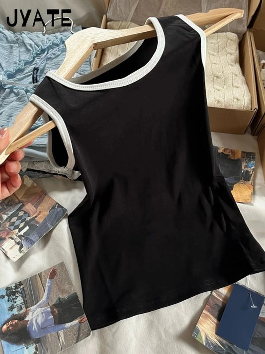 Harajuku Patchwork Black Slim Tank Tops Women New Cotton Casual Round Neck Sleeveless Crop Top Female Vintage Chic Basic Vests