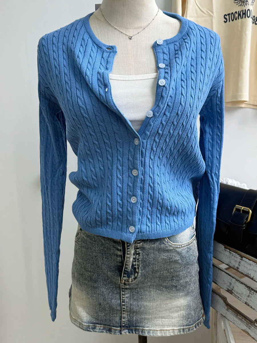Brown Twsit Cardigan Women Spring Simple Casual Cotton Slim Button Long Sleeve Sweater Vintage Chic Preppy Style Sweaters Y2K