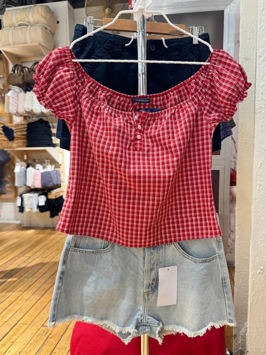 Red Plaid Ruffle Lace-up Cotton Short Sleeve Tees Women Casual Streetwear Button Tops Female Vintage Sweet Cute Y2K T-shirts