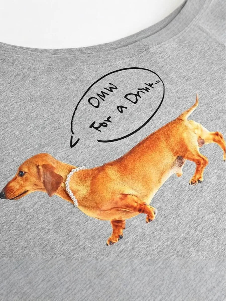 Gray Puppy With Pearl T-shirts Women Summer Slash Neck Sexy Cotton Slim Short Sleeve Tee Cute Sweet Animal Tshirt Y2K Crop Tops