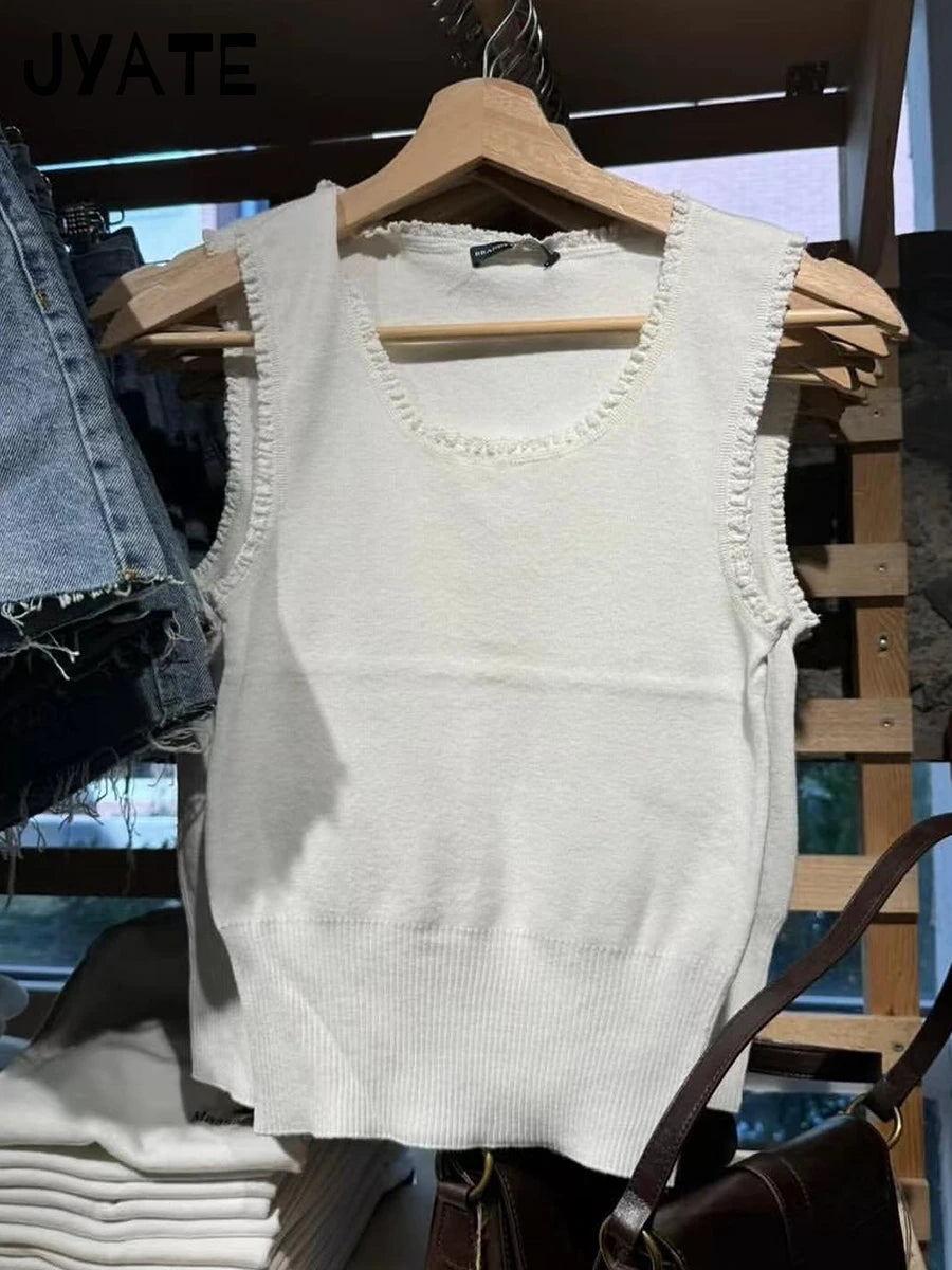 Sweet White Fungus Trim Knitted Tank Tops Women Cotton Soft Round Neck Slim Sleeveless Vests Vintage Simple Casual Crop Top Y2K
