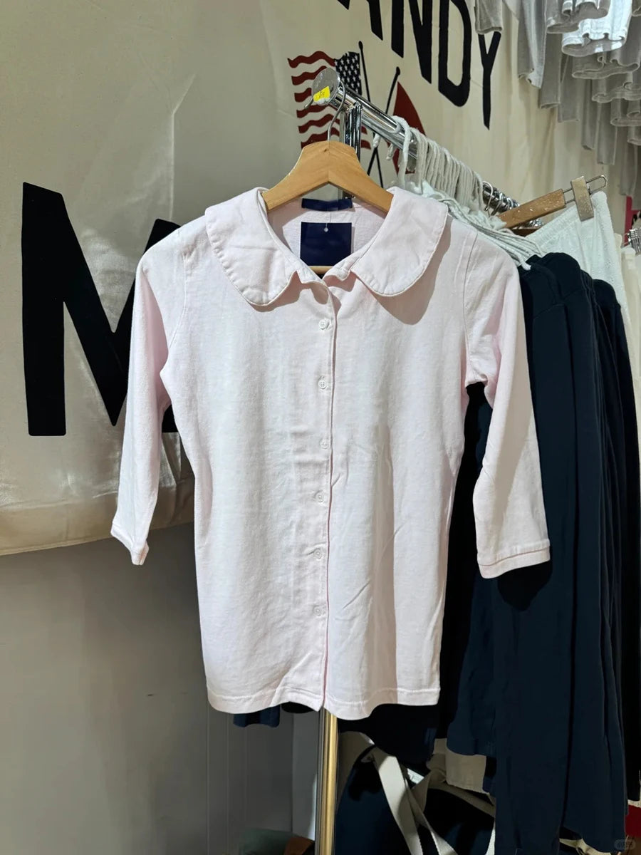 Sweet Pink Button Doll Tops Women Summer New Cotton Casual Turn-down Collar Half Sleeve Tees Female Preppy Style T-shirts Y2K