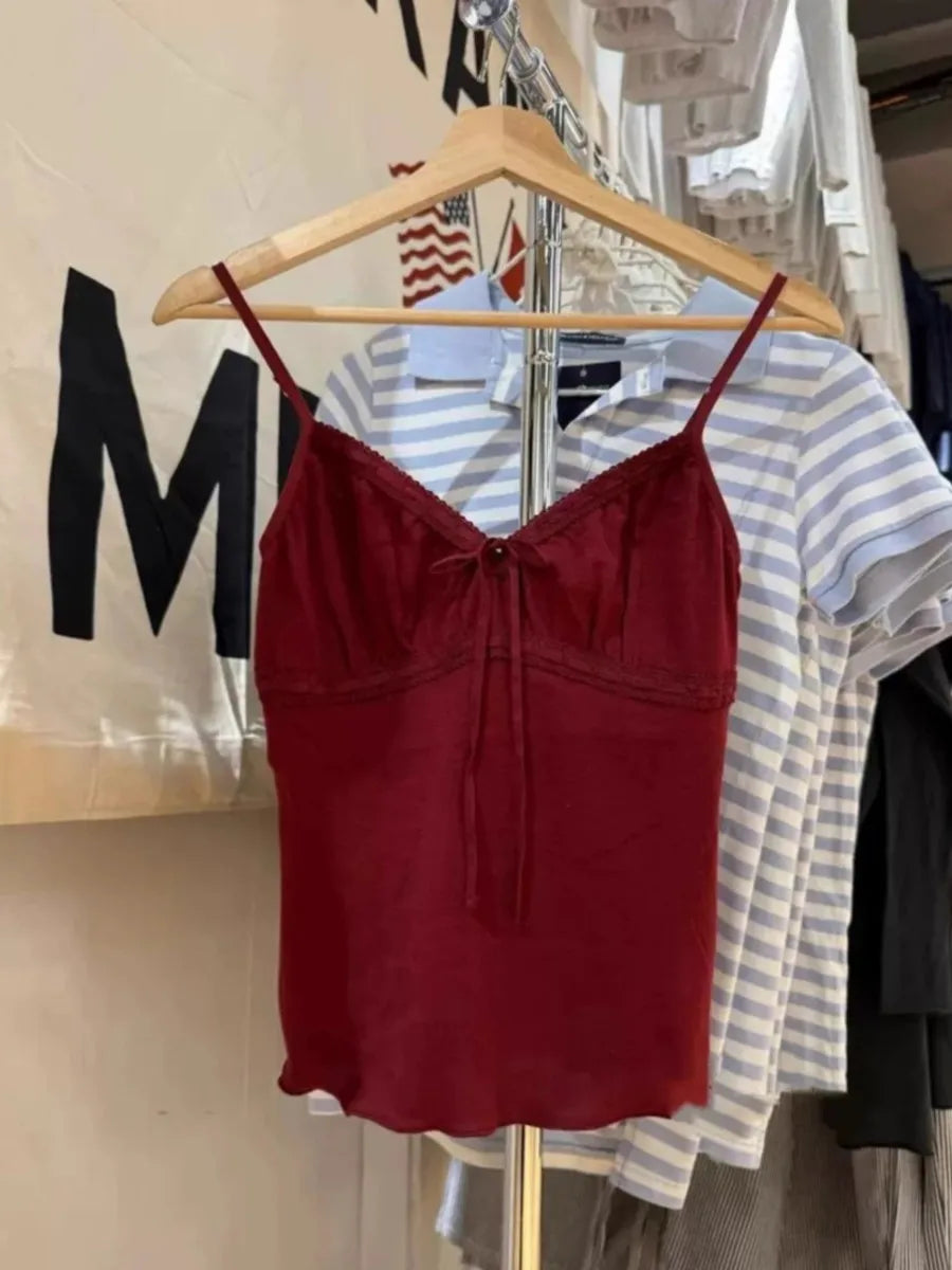 Vintage Solid Folds V-neck Tank Tops Women Summer Casual Slim Lace-up Sleeveless Vests Cute Preppy Style Simple Camisole Y2K