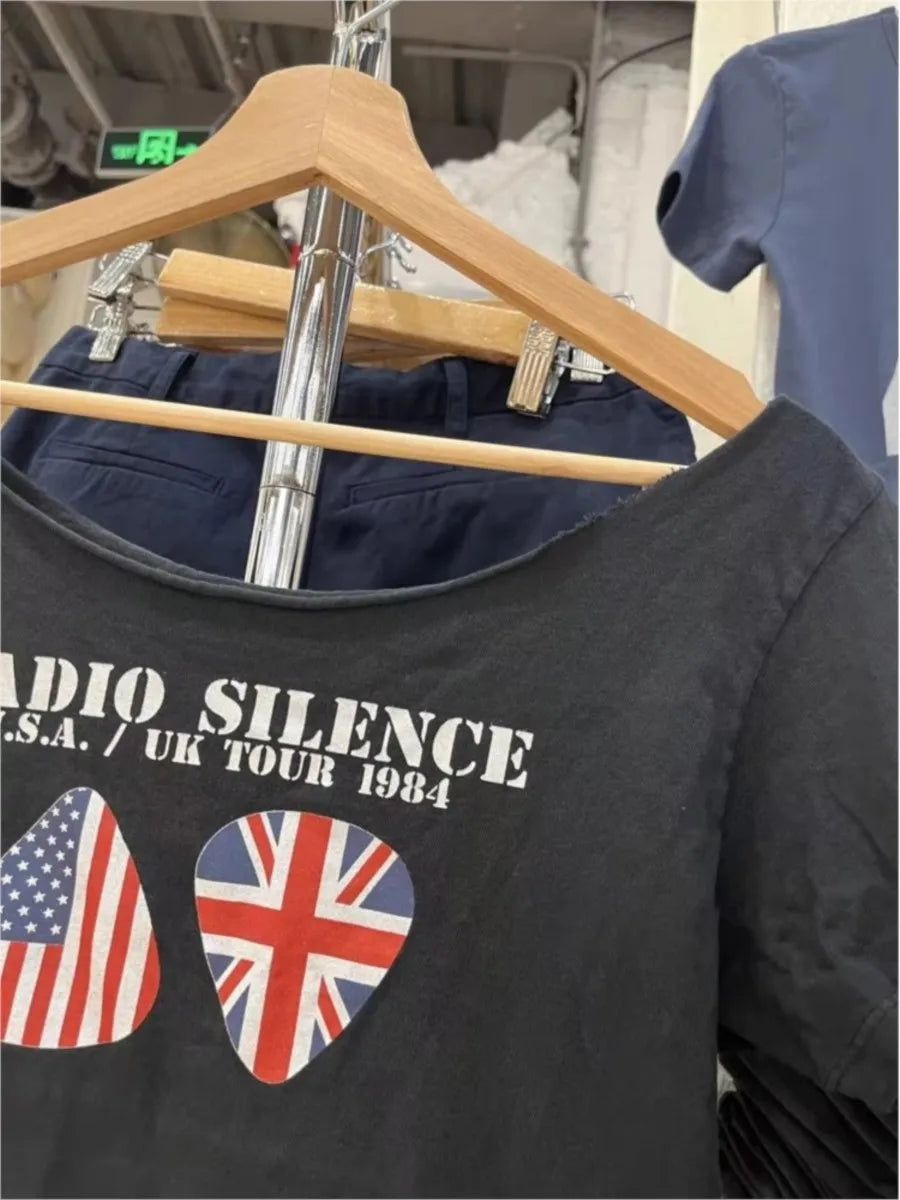 American Letter Print Crop Top Woman New Raw Hem Slash Neck Cotton Short Sleeve Tees Vintage Simple Cute T-shirts Tops Y2k