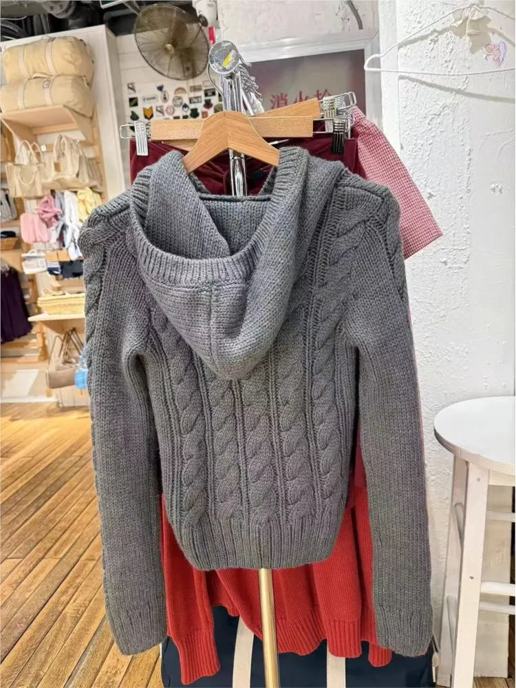 Chic Twist Flower Buttons Slim Sweater Women Autumn Solid Pocket Hooded Long Sleeve Knitted Hoodie Vintage Simple Sweaters New